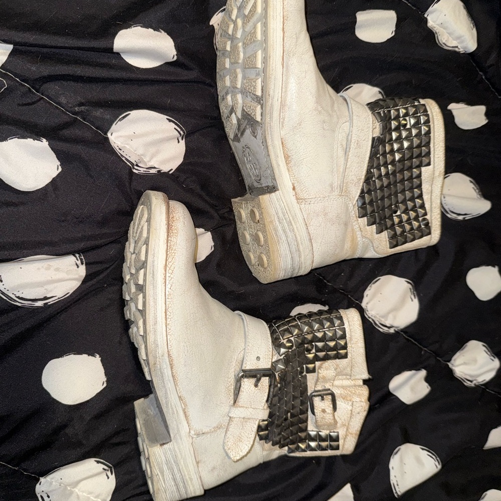 Ash Studded White Leather Ankle Biker Boots 38.5